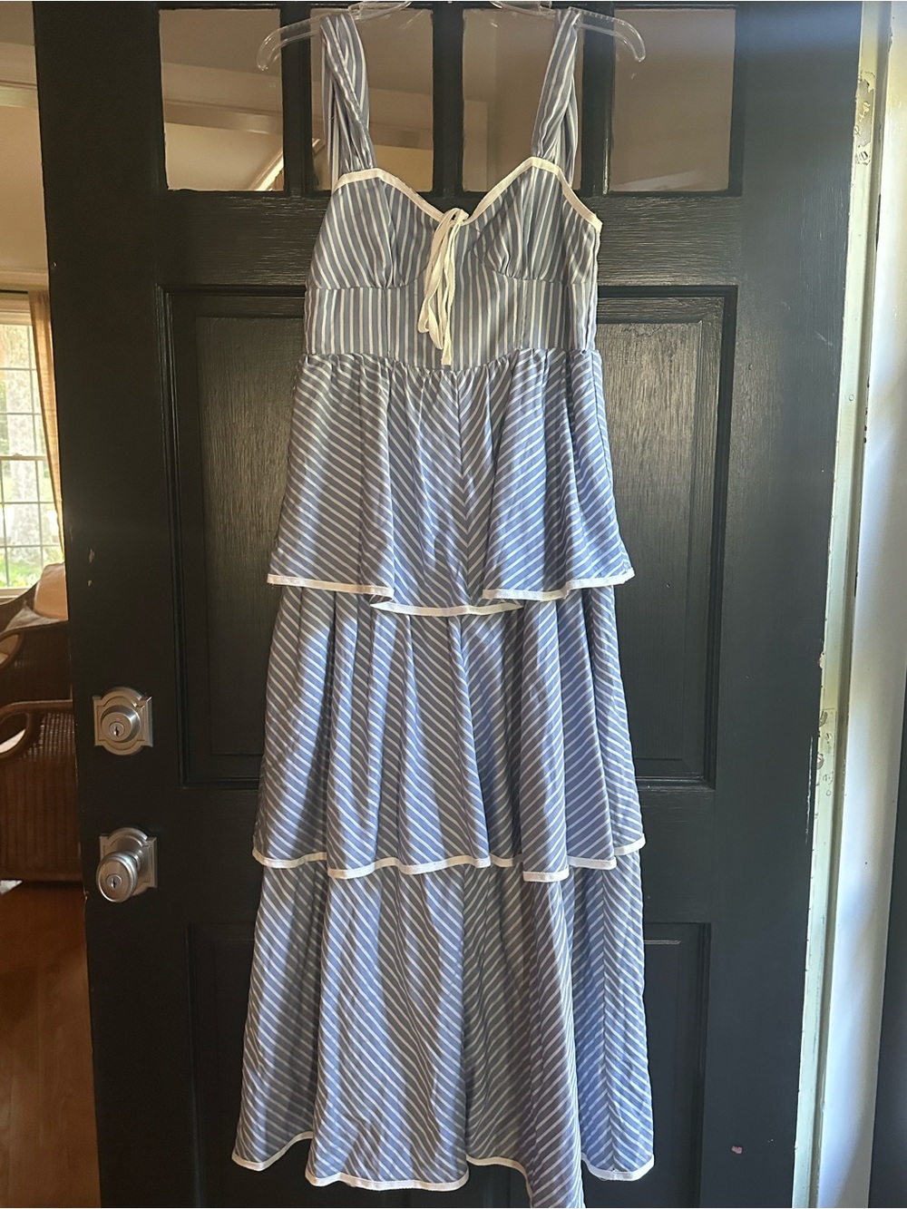 Blue and White Striped Tiered Maxi Dress with Tie Front